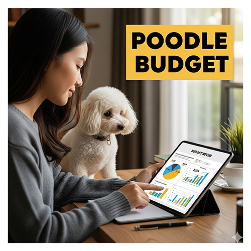 Cô gái tính toán chi phí nuôi chó Poodle trắng bằng máy tính bảng, trên màn hình hiển thị biểu đồ ngân sách.