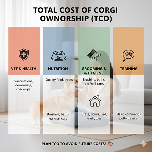 Chi phí sở hữu Corgi (TCO) 6–12 tháng gồm: y tế, dinh dưỡng, grooming – vệ sinh, đồ dùng và huấn luyện cơ bản