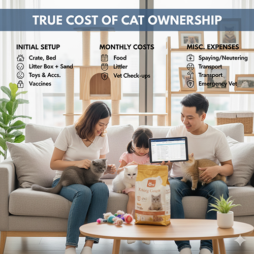 Infographic chi phí sở hữu mèo Anh lông ngắn; gia đình ngồi sofa chơi với ba mèo con, kèm các mục chi phí ban đầu, hàng tháng và phát sinh