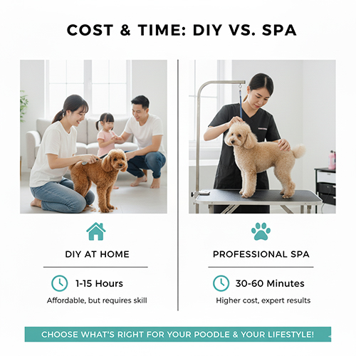 So sánh chi phí và thời gian cắt tỉa lông Poodle: DIY tại nhà 1–1,5 giờ, Spa chuyên nghiệp 30–60 phút