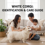 Gia đình chăm sóc chó Corgi màu trắng trong phòng khách – hướng dẫn nhận biết & chăm sóc 🤍