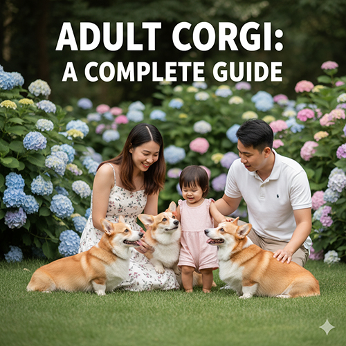 Gia đình vui chơi cùng ba chú Corgi trưởng thành trong khu vườn đầy hoa