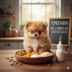 Một chú chó Phốc Sóc con 2 tháng tuổi đáng yêu ngồi giữa một bát thức ăn đầy đủ dinh dưỡng và một bình sữa công thức trên bàn gỗ trong nhà bếp ấm cúng, phía sau có bảng đen ghi tiêu đề bài viết.