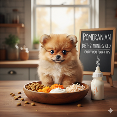 Một chú chó Phốc Sóc con 2 tháng tuổi đáng yêu ngồi giữa một bát thức ăn đầy đủ dinh dưỡng và một bình sữa công thức trên bàn gỗ trong nhà bếp ấm cúng, phía sau có bảng đen ghi tiêu đề bài viết.