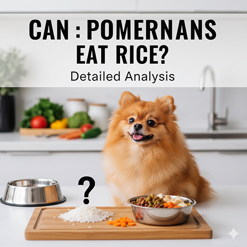 Hình ảnh một chú chó Phốc Sóc đáng yêu ngồi cạnh bát cơm và thức ăn hạt, đặt ra câu hỏi về việc Phốc Sóc có nên ăn cơm.