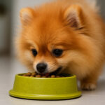 Chó Phốc Sóc màu vàng cam đang ăn hạt từ bát màu xanh – minh họa cho bài viết chó Phốc Sóc ăn gì