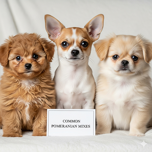 Ba chú chó con dễ thương minh họa các trường hợp chó Phốc Sóc lai phổ biến như PomPoo, PomChi, PomPei và Japom.