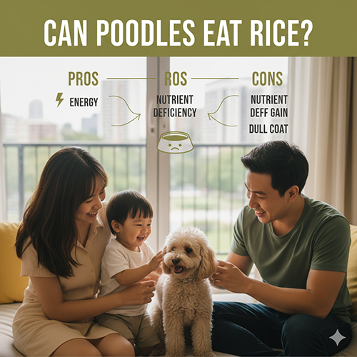 Chó Poodle ăn cơm được không – gia đình cho Poodle ăn, nêu ưu nhược: bổ sung năng lượng nhưng dễ thiếu dưỡng chất, xỉn/bạc lông.