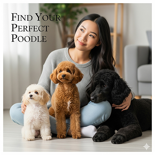 Cô gái ngồi cùng ba chú chó Poodle các size trắng, nâu đỏ và đen, minh họa sự đa dạng kích thước của giống Poodle.