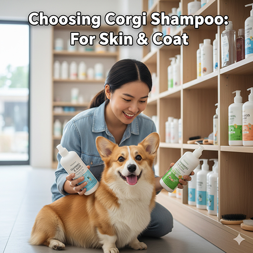Cô gái chọn sữa tắm cho chó Corgi trong cửa hàng – tiêu chí chọn theo tình trạng da và lông