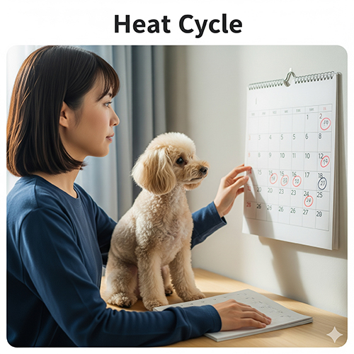 Cô gái ngồi cạnh chó Poodle và xem lịch đánh dấu ngày chu kỳ động dục, minh họa sinh sản Poodle.