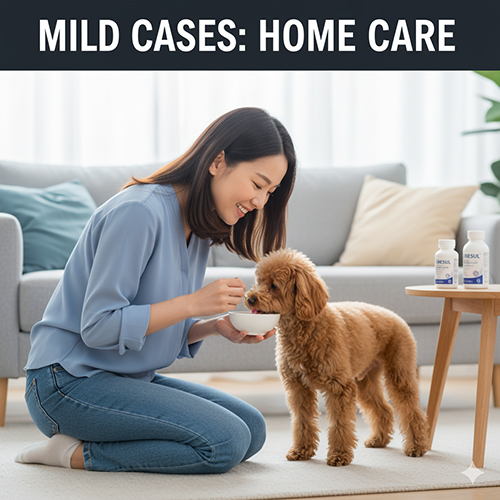 Cách chữa tiêu chảy nhẹ cho chó Poodle tại nhà: nhịn ăn ngắn, bù nước Oresol, cho ăn cháo loãng, bổ sung men tiêu hóa.