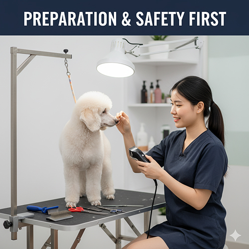Chuẩn bị và an toàn trước khi cắt tỉa lông Poodle: kiểm tra sức khỏe, dụng cụ cần thiết, khu vực làm việc