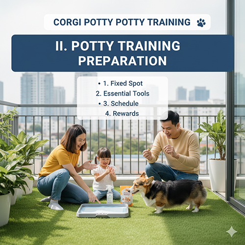 Gia đình chuẩn bị khay vệ sinh và phần thưởng để huấn luyện chó Corgi đi vệ sinh đúng chỗ 🐶