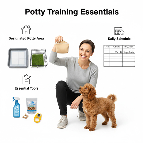 Chuẩn bị dụng cụ và khu vực cố định trước khi dạy Poodle đi vệ sinh đúng chỗ
