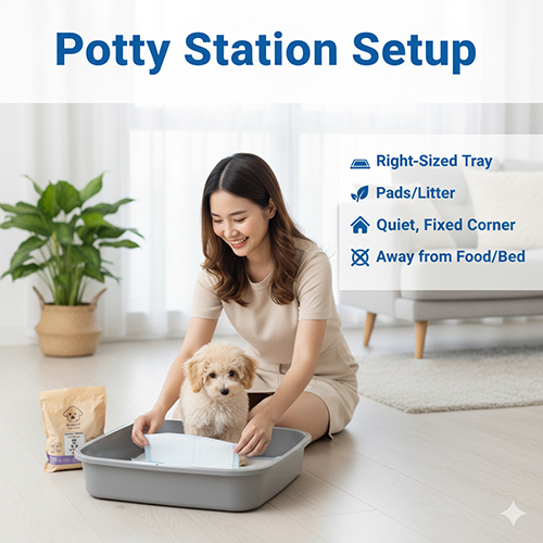 Chuẩn bị khay vệ sinh cho chó Poodle: chọn khay vừa kích thước, lót miếng thấm hút và đặt ở vị trí cố định, yên tĩnh