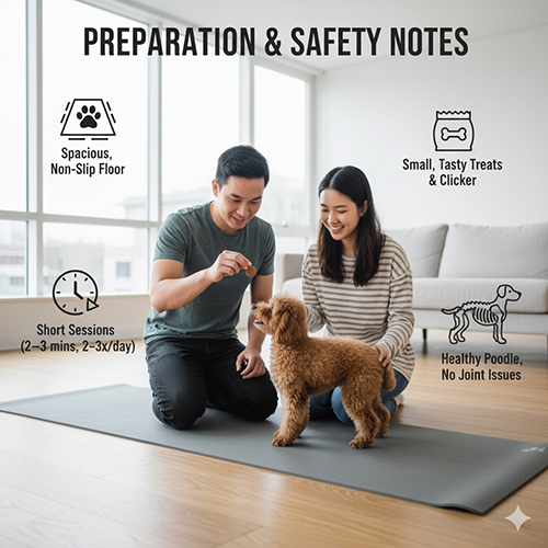 Chuẩn bị và lưu ý an toàn khi dạy chó Poodle đi bằng 2 chân