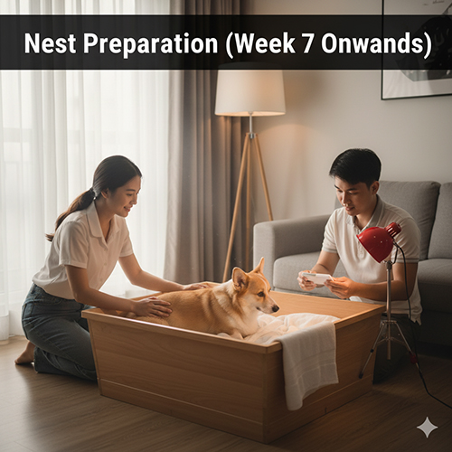 Chủ nuôi chuẩn bị ổ đẻ bằng thùng gỗ lót khăn sạch cho chó Corgi mang thai từ tuần thứ 7.