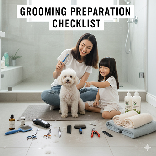 Mẹ và bé gái chuẩn bị grooming cho chó Poodle với đầy đủ bộ dụng cụ và sản phẩm chăm sóc