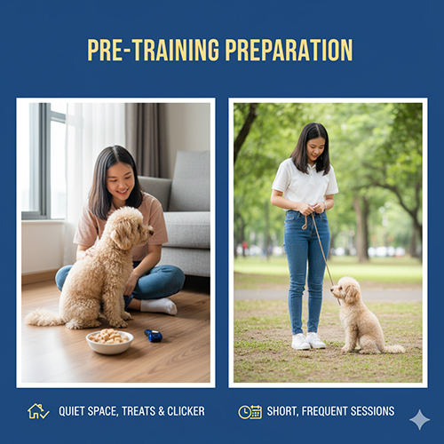 Chuẩn bị không gian, bánh thưởng và dây dắt trước khi huấn luyện chó Poodle
