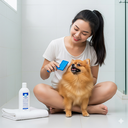 Chuẩn bị trước khi tắm cho chó Phốc Sóc với lược chải, sữa tắm chuyên dụng, khăn và máy sấy