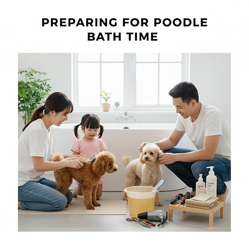 Chuẩn bị trước khi tắm cho Poodle: kiểm tra da – tai – rối, gỡ rối khô, chuẩn bị dụng cụ và nước ấm