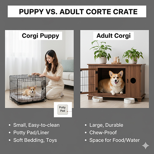 So sánh chuồng cho chó Corgi con và Corgi trưởng thành