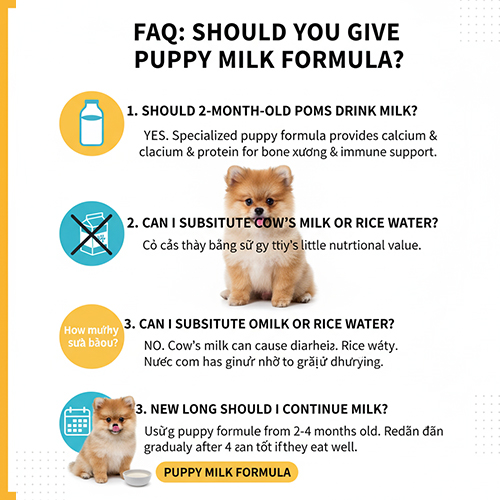 Infographic hỏi đáp về việc cho chó Phốc Sóc con uống sữa công thức, trả lời các câu hỏi liệu có nên uống sữa, có thể thay thế bằng sữa bò hoặc nước cơm không, và nên duy trì sữa trong bao lâu.