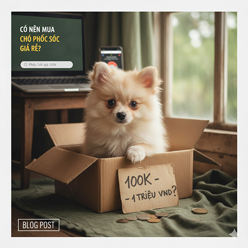 Chó Phốc Sóc con trong thùng carton, biển giá 100k – cảnh báo rủi ro khi mua Pom giá rẻ 100k–1 triệu