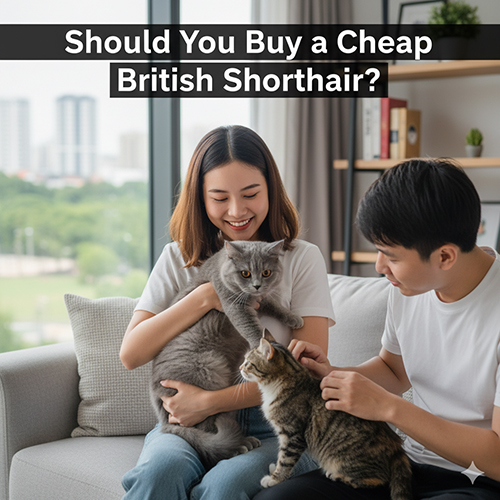 Cặp đôi vuốt ve mèo Anh lông ngắn và mèo lai trong phòng khách, minh họa câu hỏi có nên mua British Shorthair giá sinh viên hay giá rẻ.