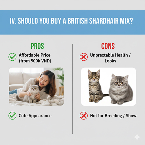 So sánh ưu và nhược điểm của việc nuôi mèo Anh lông ngắn lai – bên trái hình cô gái ôm mèo (ưu điểm), bên phải hình 2 mèo lai (nhược điểm).