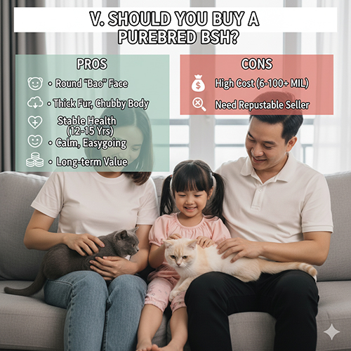 Gia đình vui vẻ vuốt ve hai mèo Anh lông ngắn thuần chủng, bảng so sánh ưu và nhược điểm khi mua British Shorthair.