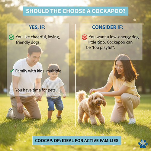 Có nên nuôi Cockapoo – Poodle lai Cocker: phù hợp với gia đình có trẻ nhỏ, thích chó vui vẻ tình cảm; cần cân nhắc nếu muốn chó ít năng lượng hoặc thường xuyên đi vắng