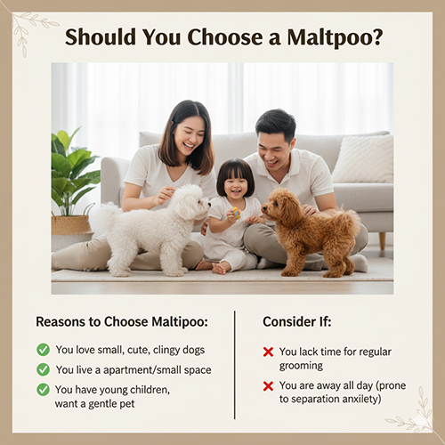 Có nên chọn Maltipoo – Poodle lai Maltese: phù hợp cho gia đình có trẻ nhỏ, sống căn hộ, thích chó nhỏ quấn chủ; cần cân nhắc nếu bận rộn hoặc đi vắng cả ngày