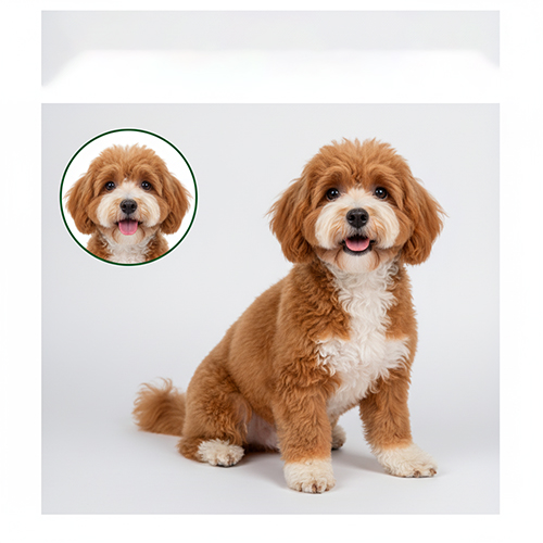 Chó Corgidoodle (Poodle lai Corgi) lông nâu trắng ngồi đáng yêu – giống chó thân thiện, hợp gia đình có trẻ nhỏ