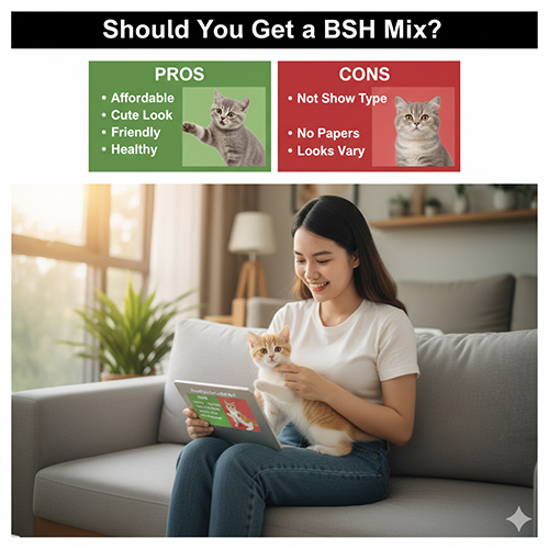 Người phụ nữ ngồi trên ghế sofa bế mèo Anh lông ngắn lai mèo ta, đọc bảng ưu và nhược điểm của giống mèo lai