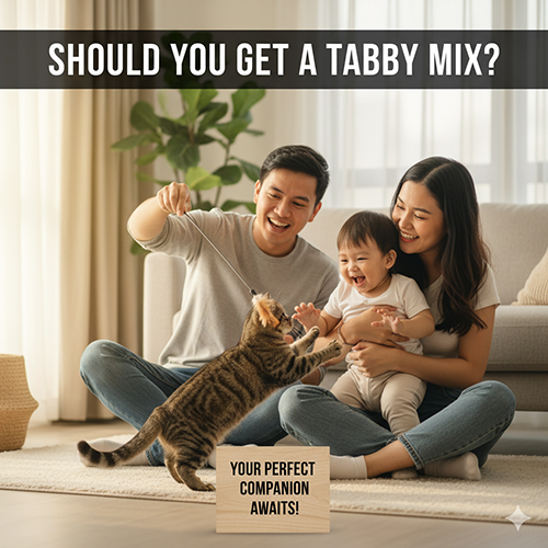 Gia đình vui đùa cùng mèo mướp lai mèo Anh lông ngắn đang nhảy đùa trong phòng khách sáng