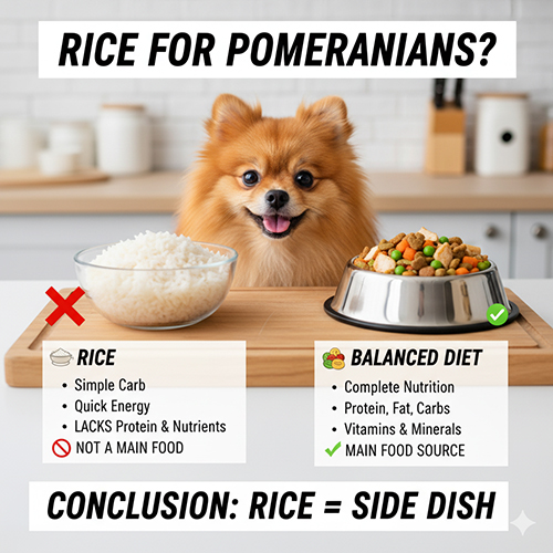 Infographic so sánh dinh dưỡng giữa cơm trắng và chế độ ăn cân bằng cho chó Phốc Sóc, với kết luận cơm chỉ là món ăn kèm.