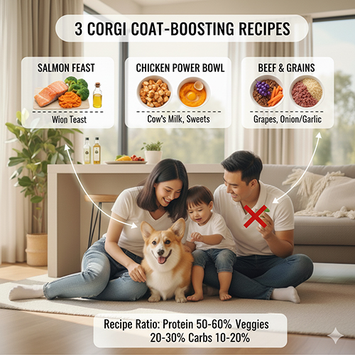 3 công thức bữa ăn giúp lông chó Corgi bóng mượt – cá hồi, ức gà, bò nạc kết hợp rau củ và tinh bột tốt