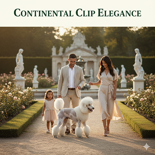 Gia đình Việt trẻ dắt chó Standard Poodle kiểu Continental clip trong vườn.