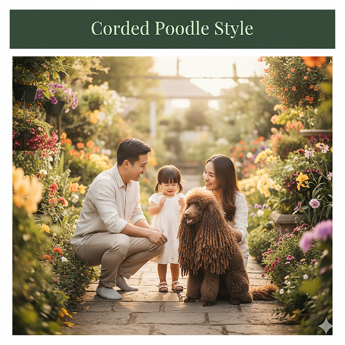 Gia đình Việt trẻ đi dạo cùng chó Poodle kiểu Corded trong vườn hoa.