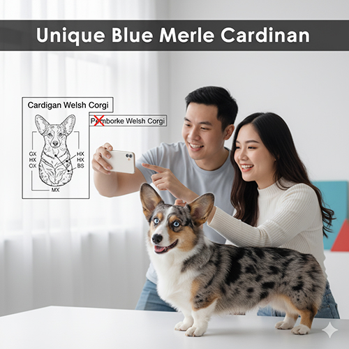 Corgi Cardigan màu Blue Merle với hoa văn loang đá xanh xám, được cặp đôi trẻ chụp ảnh trong nhà cùng sơ đồ minh họa.