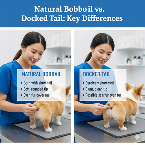 So sánh bobtail bẩm sinh và cắt đuôi ở Corgi với bác sĩ thú y kiểm tra đuôi chó con.