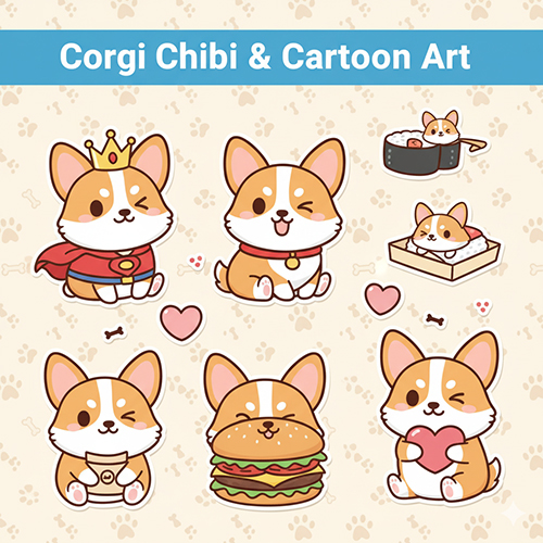 Hình ảnh chó Corgi chibi dễ thương, phong cách hoạt hình với nhiều biểu cảm ngộ nghĩnh như đội vương miện, cosplay sushi và burger.