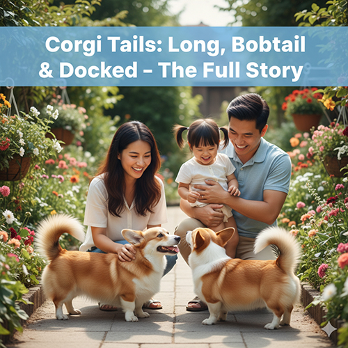 Gia đình vui đùa cùng hai chú chó Corgi với đuôi dài và bobtail, minh họa bài viết Corgi có đuôi không, đuôi dài, bobtail và cắt đuôi.