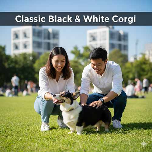 Corgi đen trắng được cặp đôi trẻ vuốt ve trong công viên, bộ lông tương phản rõ nét và cuốn hút.