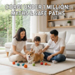 Gia đình vui chơi cùng chó Corgi trong phòng khách, minh họa chủ đề Corgi dưới 1 triệu đồng và cảnh báo rủi ro khi mua giá rẻ
