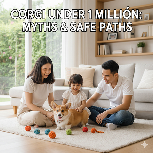 Gia đình vui chơi cùng chó Corgi trong phòng khách, minh họa chủ đề Corgi dưới 1 triệu đồng và cảnh báo rủi ro khi mua giá rẻ