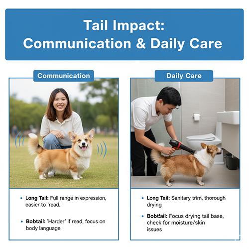 Minh họa Corgi đuôi dài giao tiếp với chủ và bobtail được sấy khô sau tắm, cho thấy tác động của đuôi đến giao tiếp và chăm sóc.