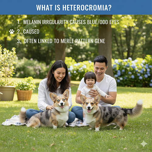 Hai bé Corgi có mắt xanh và mắt 2 màu chơi cùng gia đình trong công viên